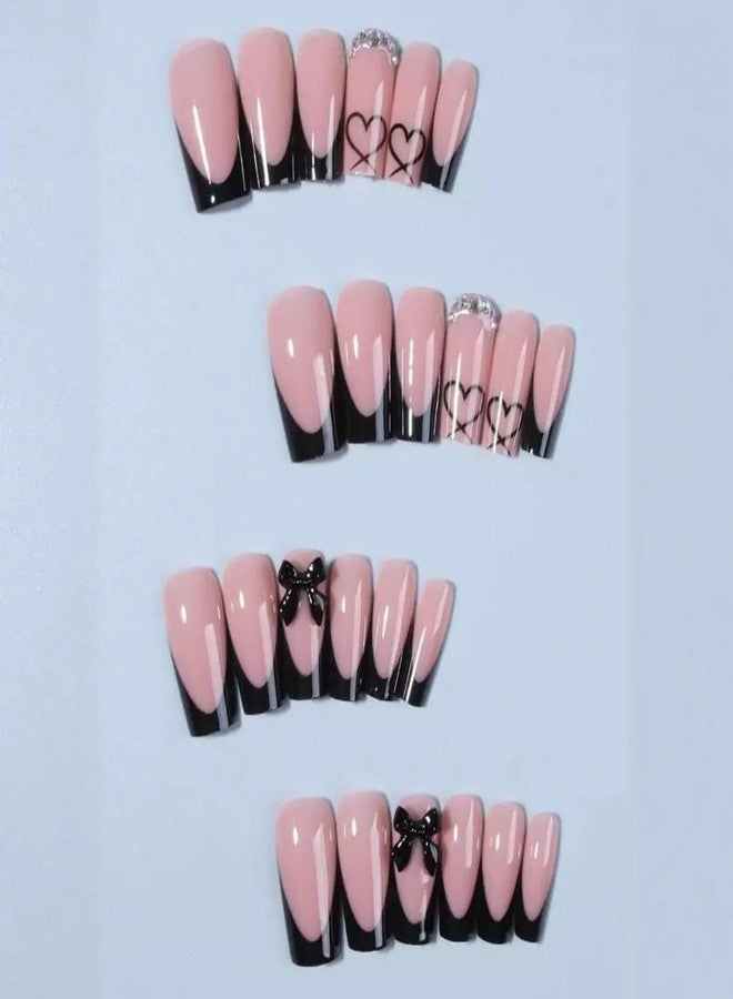 CTTHNBD Medium Press on Nails Coffin - Black French Tip Fake Nails with Bow Charms Design - Heart False Nails Press ons - for Women 24 Pcs - Image 2
